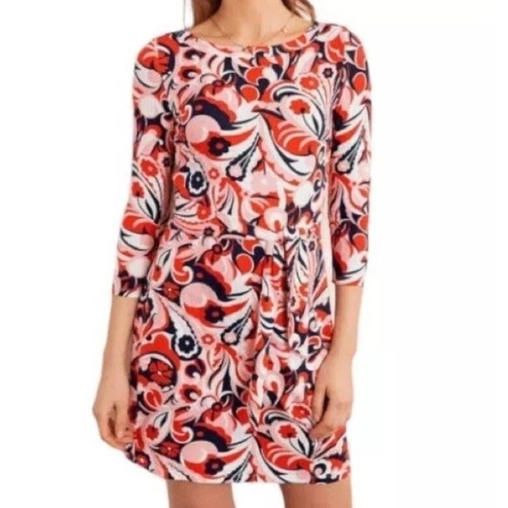 Boden Sylvia Tie Waist Jersey Dress Red Floral Groovy Retro Size 12 Large